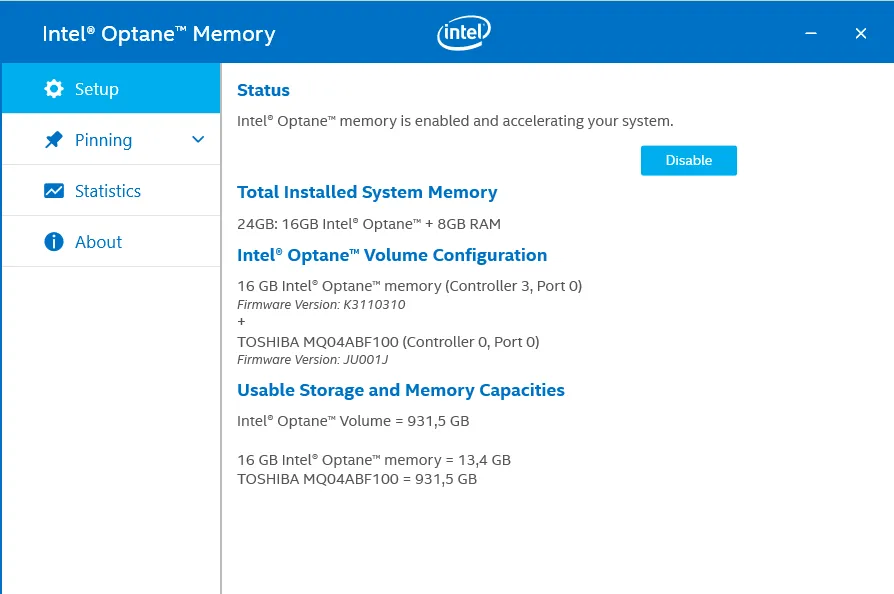 Menu setup Intel Optane